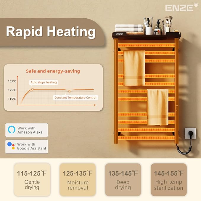ENZE Smart Heated Towel Rack, 11-Bar Wall-Mounted Electric Towel Warmer with Shelf, Wi-Fi App Control, Adjustable Temperature & 24H Timer, Low Carbon Steel, IPX5, Plug-in/Hardwired, Matte Black