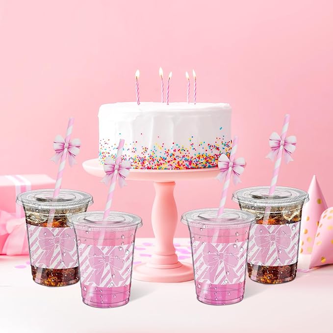 Maxdot 50 Pcs 16 oz Coquette Pink Bow Plastic Cups with Lids and Straws Pink Bowknot Disposable Drinkware for Party Supplies Baby Shower Birthday Bachelorette Wedding Bridal Party Supplies