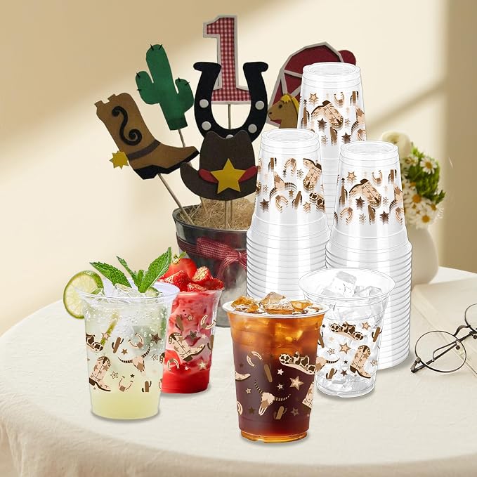 100 Pcs Brown Cowboy Plastic Cups, 16 oz Western Cowboy Disposable Clear Party Cups for Birthday, Baby Shower, Western Theme Parties, Last Rodeo Party Supplies