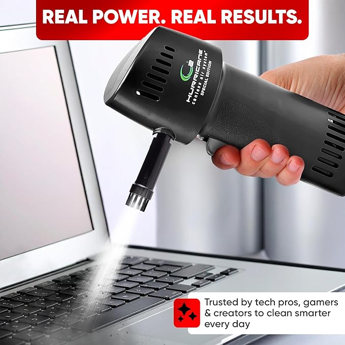 Canless Air System ESD Safe O2 Hurricane, Rechargeable Air Duster, 220+ MPH Cordless Cleaner for Clean Rooms, Eco Alternative, Black, Made in USA