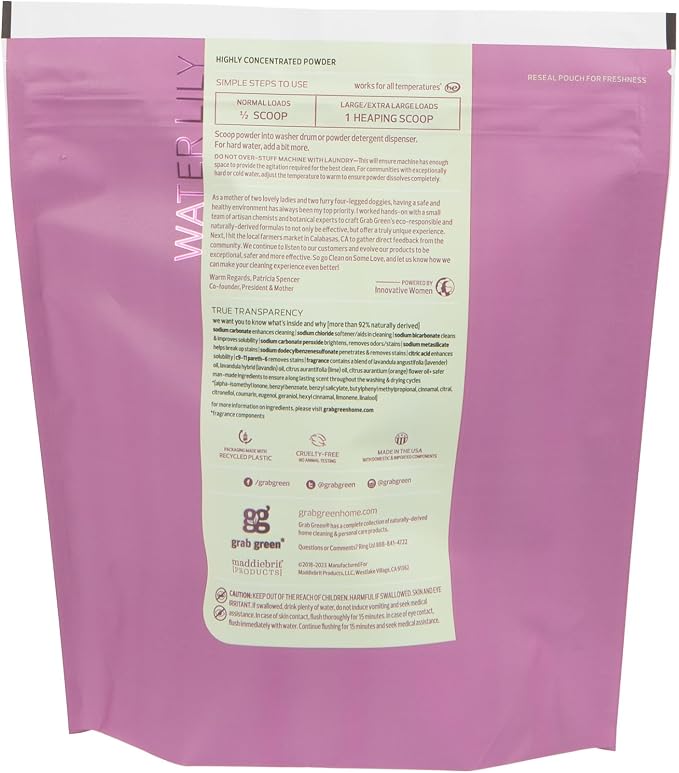 Grab Green 3-in-1 Laundry Detergent Powder, 4 lbs, 100 Loads, Water Lily | Plant & Mineral-Based; Fights stains; Brightens Clothes; Free of phosphates, phthalates, chlorine, toxins, dyes