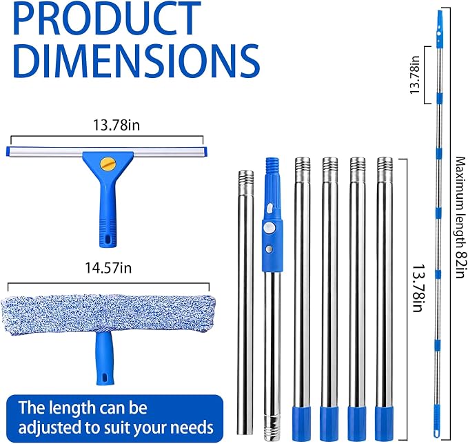 82'' Professional Squeegee Window Cleaner Tool with Extension Pole, Car Windshield Cleaning Kit with Long Handle, Window Washing Equipment for Indoor Outdoor Windows & Car Glass