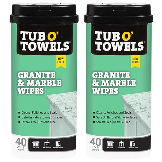 Tub O' Towels Granite & Marble Cleaning Wipes 2 Pack – 7" x 8" Multi Surface Stone Cleaning Wipes, 40 Count Canisters for Countertops & Tile