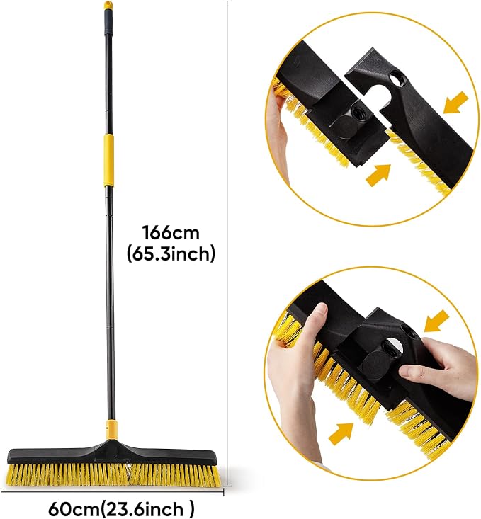 Yocada Push Broom Brush 18"+24" Set 5.3" Long Handle Stiff Bristles Heavy-Duty Outdoor Commercial for Cleaning Bathroom Kitchen Patio Garage Deck Concrete Wood Stone Tile Floor
