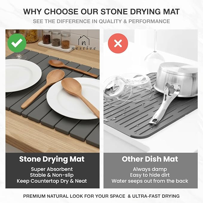 Large Stone Drying Mat for Kitchen Counter | 24"x16" | Fast Drying Collapsible Diatomaceous-Earth Mat | Super Absorbent Folding Mat for Dishes, Bottles, Glass, Heat-Resistant, Non-Slip (Dark Gray)
