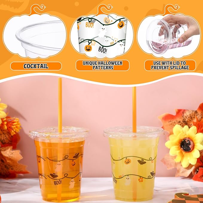 LemonRoad 50 Pcs 12oz Halloween Plastic Cups with Straws and Lids, Disposable Clear Party Cups Pumpkin Ghost Witch Drinking Set for Halloween Birthday Party Favors Supplies(Orange,Classic Style)
