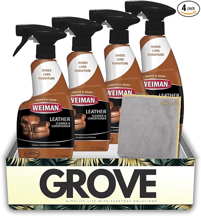 4x Weiman Leather Cleaner and Conditioner 12 oz Bundle with Microfiber Auto Cleaning Cloth – Moisturizes, restores, and protects leather furniture, car interiors, and accessories – Gift Set (5 Items)