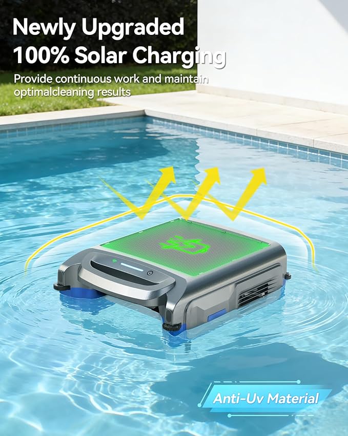 V1T Solar Pool Skimmer, Robotic Pool Surface Skimmer Cleaner with App Control, 7L Large Basket 24/7 Cleaning Smart Obstacle Avoidance Dual Charging Options Ideal for Above Ground Pool Blue