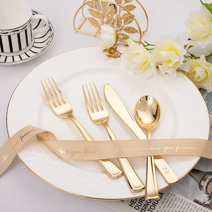 Liacere 200Pcs Gold Plastic Silverware-Gold Plastic Cutlery - Disposable Silverware include 100 Forks 50 Spoons 50 Knives Perfect for Parties & Weddings & Restaurants &Events