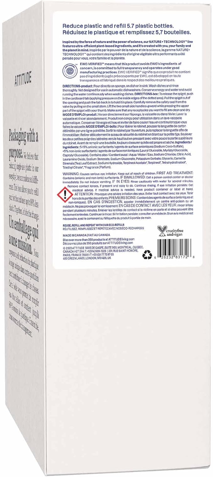 ATTITUDE Dish Soap Refill, EWG Verified, Plant-Based & Vegan Dishwashing Liquid, Naturally Derived, Citrus Zest, 135.3 Fl Oz (Pack of 2)