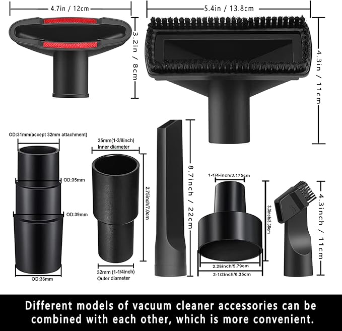 11PCS Universal Vacuum Attachment Kit Wet Dry Plastic Vacuum Hose Adapter 1-1/4" Vacuum Cleaners Accessories with Horse Hair Brush Extension Wand Flexible Crevice Tool Adapter for Shop Vac Accessories