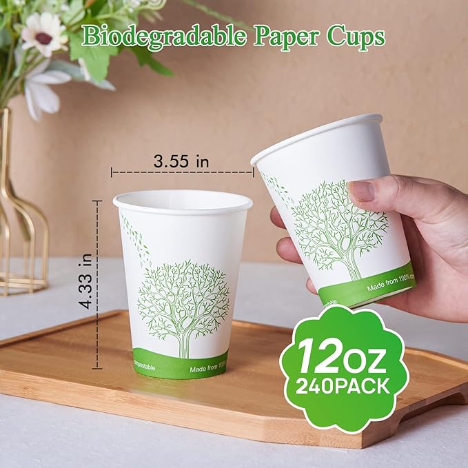 ECOLipak 240 Count 12 oz Compostable Paper Cups and 25 Count (1 Roll) 33 Gallon Compostable Trash Bags