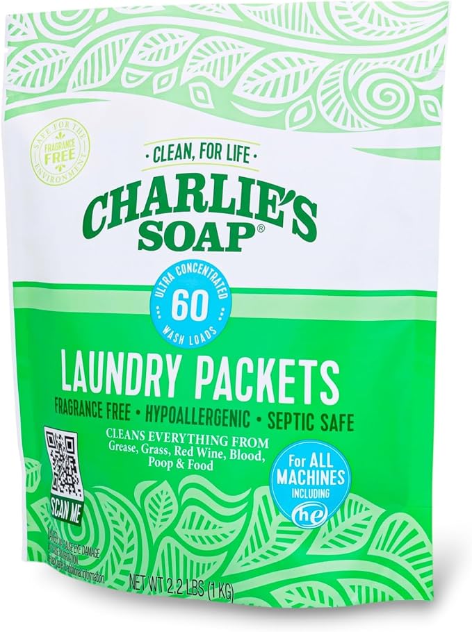 Charlie’s Soap Laundry Powder Packets, Pre-Measured Single Dose Laundry Detergent, Hypoallergenic, Biodegradable, HE & Septic Safe, Fragrance Free, 60 Pods (1 Pack)