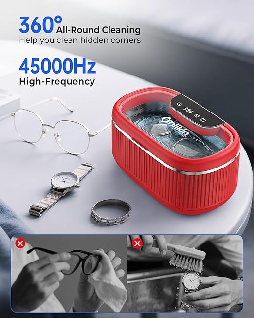 45KHz Ultrasonic Jewelry Cleaner, 5 Timer & 3 Power Modes, 35W Retainer Cleaner for Jewelry, Eyeglasses, Rings, Watch Strap, Dentures - Quiet <38dB, 20oz, 304 Stainless Steel (Red)