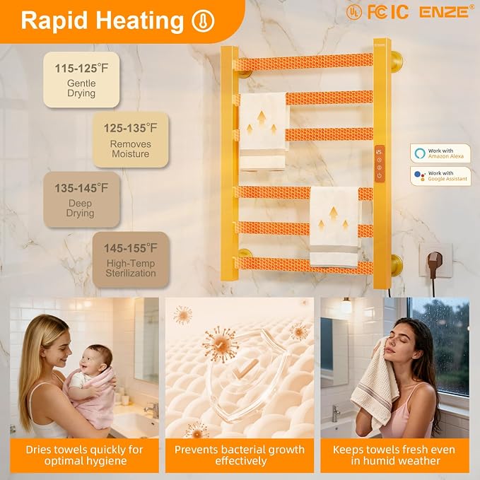 ENZE Smart Heated Towel Rack, 6-Bar Wall-Mounted Electric Towel Warmer 150W, Wi-Fi App Control & LED Touch Screen, Adjustable Temperature & 24H Timer, IPX5, Plug-in/Hardwired, Gold, Low Carbon Steel