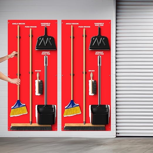 Clean & Sweep 5S Shadow Board/Wall Mount Broom Holder, 68" x 30" Board, 5S Cleaning Station - with Broom and Dustpan Set Included, Made in The USA by AccuformNMC, Red/White, PSB116RDWT