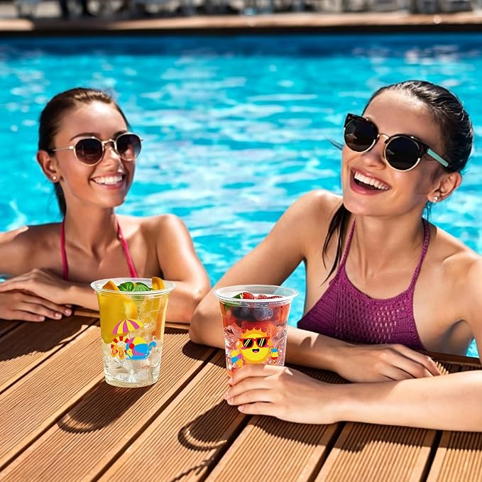 100Pcs Beach Pool Plastic Party Cups, 12oz Summer Disposable Clear Cups for Pool Party, Beach Holiday Party, Birthday Drinking Cups, Hawaiian Luau Supplies Summer Favors (2 Styles)