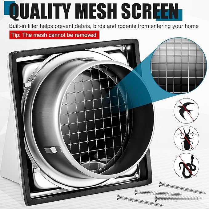 Gisafai 6 Inch Outside Hooded Wall Vent Stainless Steel Exhaust Vent Cover Cap with Extension Pipe Grille Screen Backdraft Damper for Range Hood Whole House Fans and Commercial Ventilation Systems
