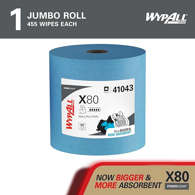 WypAll PowerClean X80 Cloths Heavy Duty Wipes (41043), Jumbo, Extended Use Towels, Blue (1 Roll of 455 Sheets, 455 Sheet Total)