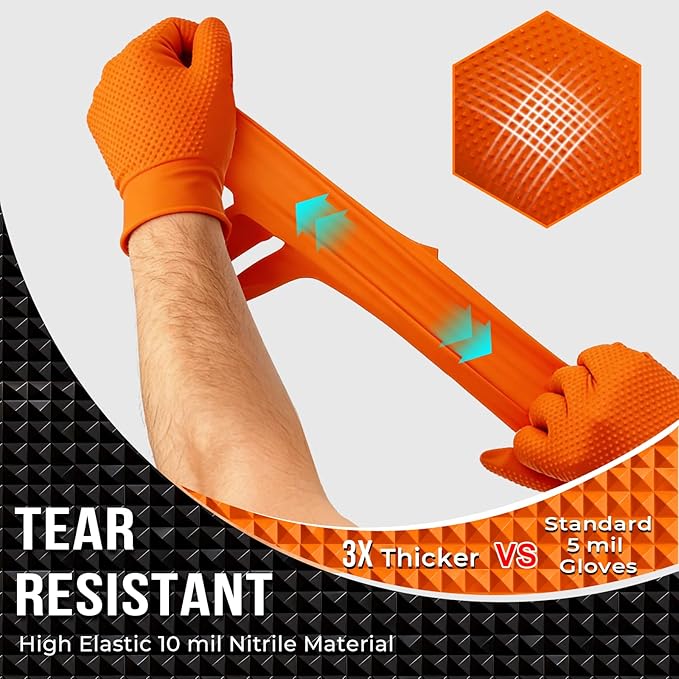 ANBOSON Orange 10 Mil Nitrile Gloves, Diamond Textured Grip, Extra Thick Heavy Duty Disposable, Latex-Free, Tear & Chemical Resistant, Multipurpose Gloves for Kitchen, Cleaning, Medium