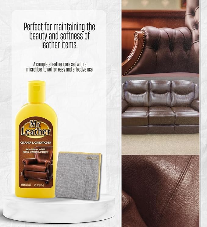 6x Mr. Leather Original Scent Leather Cleaner and Conditioner 8 oz Liquid Bundle with Microfiber Cloth – Cleans and Conditions for Furniture, Car Seats, and Accessories – Gift Set (7 Items)
