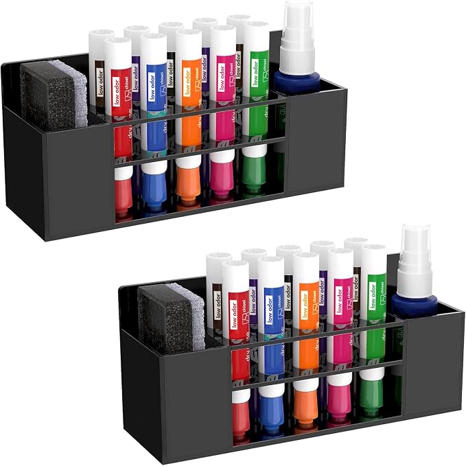 HBlife 2 Pack Acrylic Dry Erase Marker Holder Wall Mount, 10 Slots Whiteboard Marker Holder for Office, School and Home, Marker, Eraser and Whiteboard Cleaner Not Included, Black