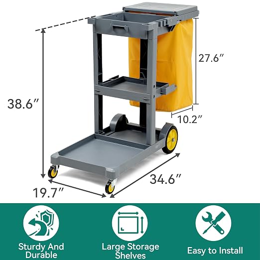 YITAHOME Cleaning Carts on Wheels, Janitorial Cart, 3-Shelf Commercial Traditional Plastic Housekeeping Cart, with 2 Yellow 25 Gallon Vinyl Bag and Pair of Rubber Gloves, Gray