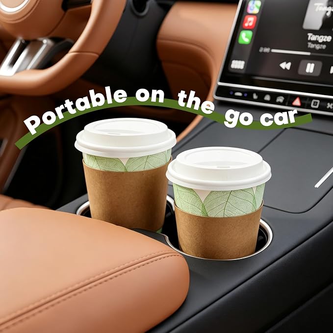Plant-Based Compostable Cups Set – PLA Lined Disposable Coffee Cups with Lids, Straws & Sleeves, Eco-Friendly for Hot & Cold Drinks, Party, Travel, Office (16 oz 50 Count)