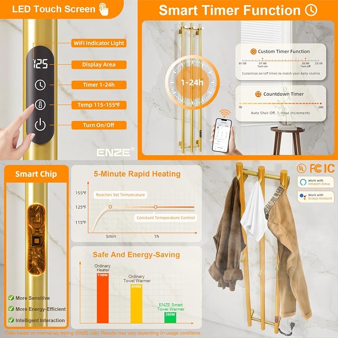 ENZE Smart Heated Towel Rack, Wall Mounted Electric Towel Warmer 220W for Bathroom, WiFi App Control, LED Touch Screen, Adjustable Temperature, 24H Timer, Vertical Model, IPX5, Plug-in/Hardwired, Gold