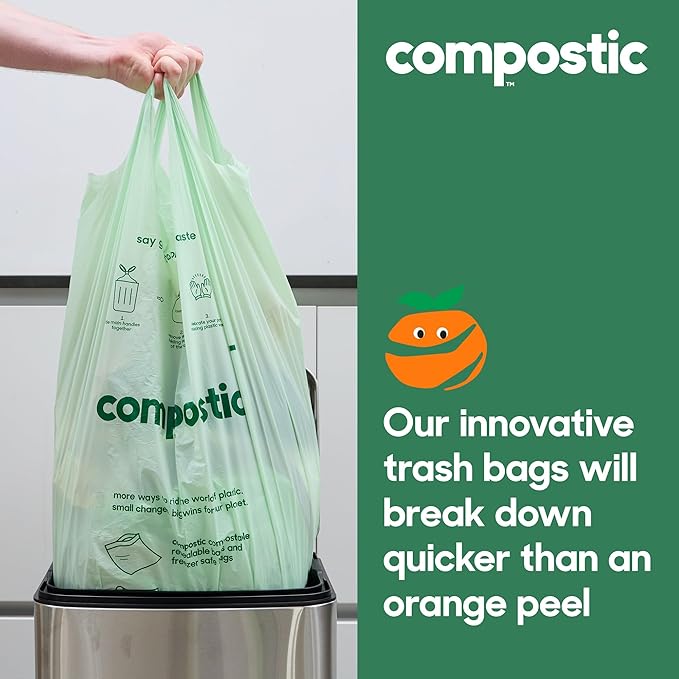 Compostic Compostable Trash Bags, 13 Gallon Tall Kitchen (50 Count) Starter Pack — Extra Strong, Home Compostable, Plant-Based, Non-Toxic, Unscented Garbage Bags