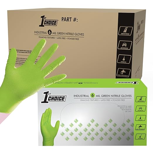 1st Choice 6 mil Green Gloves, Disposable, Latex Free, Raised Diamond Grip, Mechanic Glove for Men, Medium, Case of 1000
