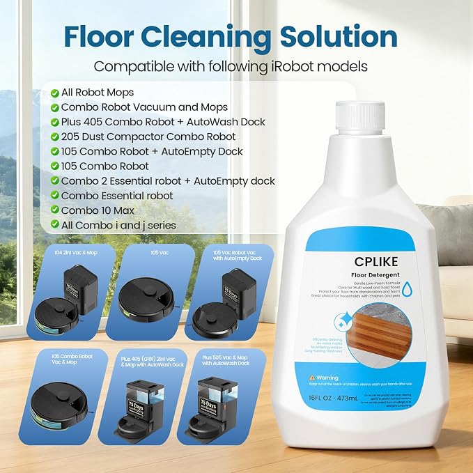 CPLIKE Floor Cleaning Solution for iRobot Roomba 100, 200, 400, 500 Combo Series Vacuum & Mop Robot, Combo i5, i5+, j5, j5+, j7+, j9+, Essential & Braava Jet 240, Multi-Surface Hard Floor, 6 Pack