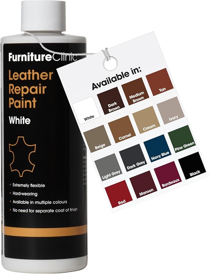 Furniture Clinic Leather Repair Paint | 2-in-1 Seal and Color | Use on Scratches, Tears, and Holes in Car Seats, Furniture | Quick and Easy Leather Repair Kit for Furniture (White, 500ml / 17oz)