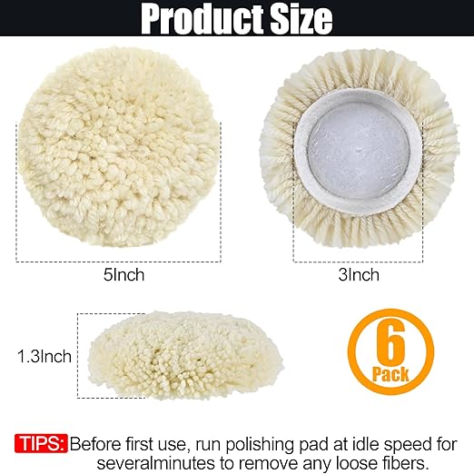 6 PCS Wool Buffing Polishing Pads - 3 Inch Natural Wool Cutting Pads With Hook and Loop Backing, Compound & Polishing for Automotive Car Boats Glass Furniture Body Repair