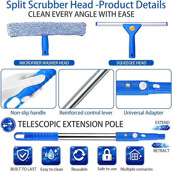 82'' Professional Squeegee Window Cleaner Tool with Extension Pole, Car Windshield Cleaning Kit with Long Handle, Window Washing Equipment for Indoor Outdoor Windows & Car Glass