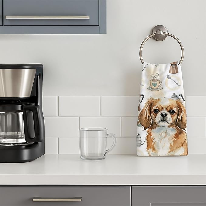 Caroline's Treasures Tibetan Spaniel Coffee Bar Kitchen Towel Velour Plush Front and Cotton Loop Back Machine Washable
