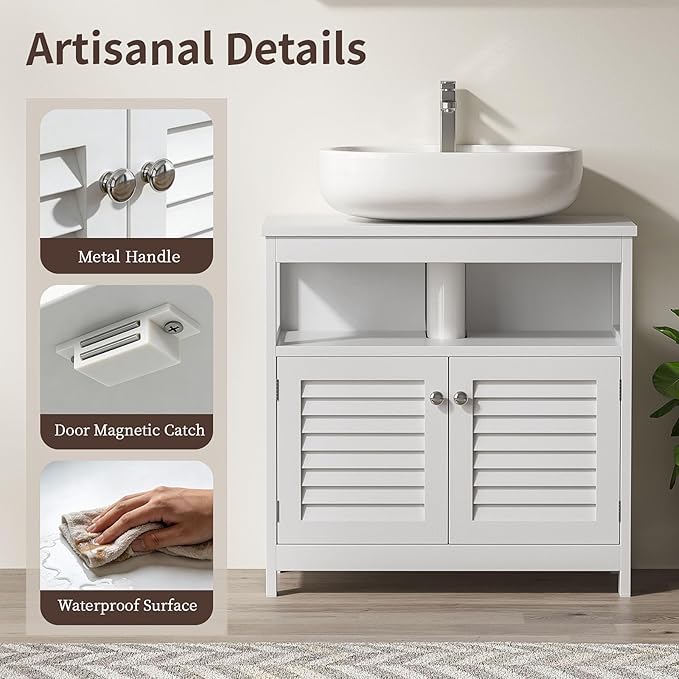 U-Shaped Under Sink Storage Cabinet with 2 Doors & Open Shelf, Freestanding Bathroom Vanity Organizer for Pedestal Sink, Water-Resistant MDF Cabinet for Toiletries & Cleaning Supplies, White