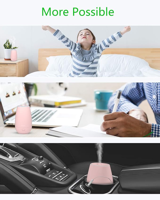 Portable Car Diffuser for Essential Oils, Small USB Aroma Humidifier with Soft Ambient Light, Perfect Personal Scent Diffuser for Vehicle, Home, Gym & Travel – Pink