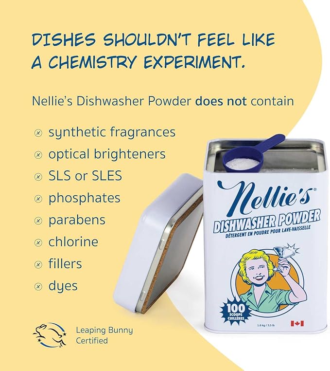 Nellie's Dishwasher Powder - Tough on Food Residue, Plant-Based Ingredients, Spotless Clean, High-Efficiency Dishwashing Solution - 100 Scoop Tin - (Made in Canada) | Plant-Based, Phosphate-Free & Septic-Safe, HE Compatible, Made in Canada