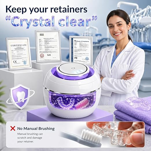 Ultrasonic Retainer Cleaner Machine with 3 Retainer Cleaning Tablets - 45kHz Dental Cleaning Pod with 2 Modes, Deep Cleaning Ultrasonic Cleaner for Dentures, Aligners, Mouth Guards