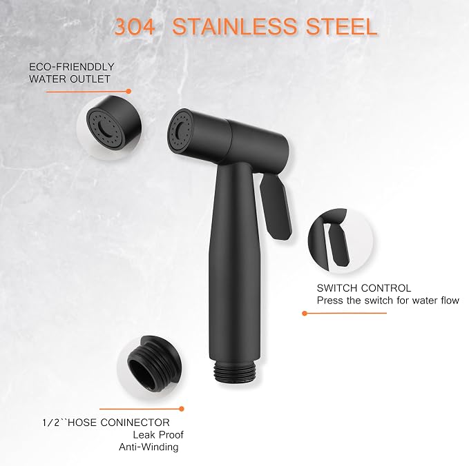 Matte Black Bidet Sprayer Head Only, Stainless Steel Handheld Toilet Sprayer Replacement with G1/2 Connector, Adjustable Pressure for Cloth Diaper, Pet Shower, Bathroom Cleaning