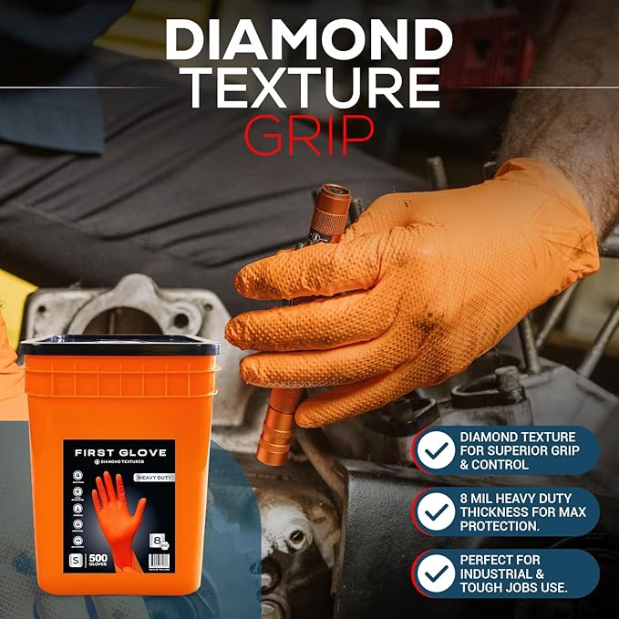First Glove 8 Mil Orange Diamond Texture Nitrile Bucket of Gloves - Industrial Nitrile Gloves - Latex-Free - 500 count