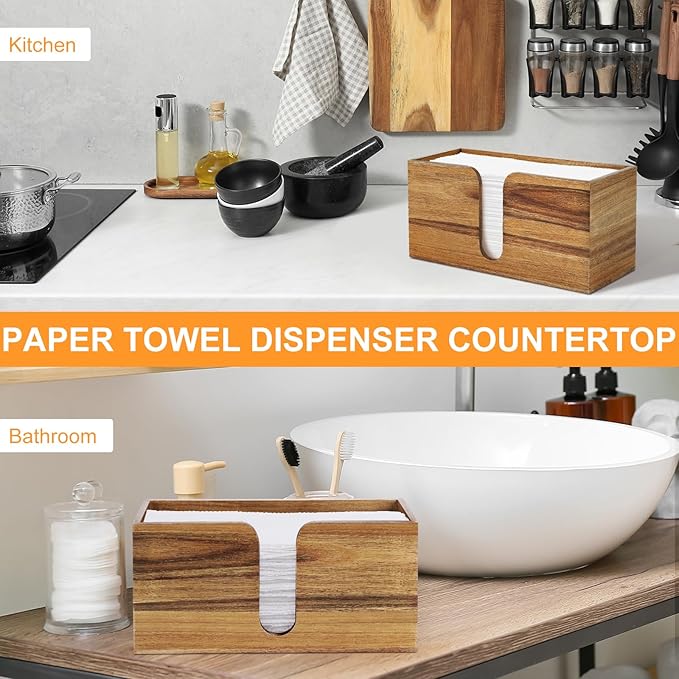 2PCS Paper Towel Dispenser Countertop, Acacia Wood Paper Towel Holder for Bathroom Folded Paper Towel Dispenser Clear Trifold Napkin Holder for Z-fold C-fold MultiFold Trifold - Home Kitchen
