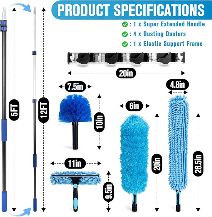 Cobweb Duster with Extension Pole, 20Ft Ceiling Fan Cleaner Duster, High Ceiling Duster Kit with 5-12Ft Telescoping Extension Pole, Long Handle Duster for High Ceilings, Window Washer Kit