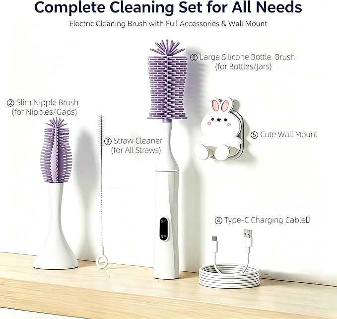 Rechargeable Electric Bottle Brush with 2 Speeds Powerful Automatic Bottle Cleaner,BPA-Free Silicone Spinning Design, Wall Mount & Straw Cleaner,Suitable for Baby Bottles & Kitchen (White+Purple)