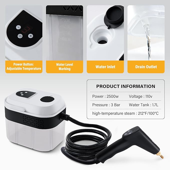 Lamberia Steam Cleaner with 16pcs Accessories, 2500W 1700ml 1.8 Quarts Tank, 6-Level Adjustable Portable Handheld Pressurized Steamer, 15s Heat-Up Steam Cleaner for Home, Car, Kitchen(White, US Plug)