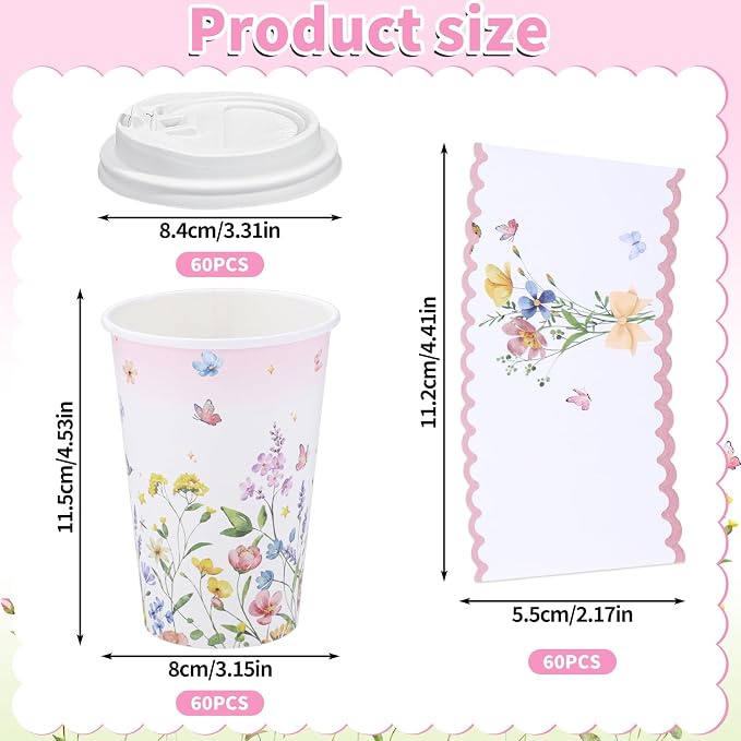 NatNarr 60 Pack Spring Wildflower Coffee Cup with Lids Sleeves, 12oz Insulated To Go Coffee Cups Disposable Butterfly Wildflower Paper Cup for Birthday Garden Wedding Baby Bridal Shower Supplies