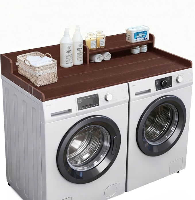 Washer Dryer Countertop, HDPE Laundry Countertop with Storage Shelf and Edge Rails-Brown
