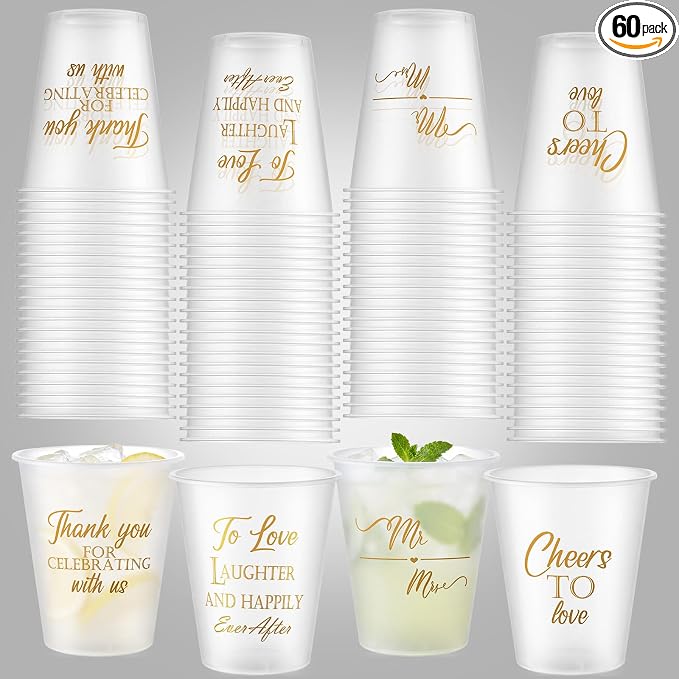 Yungyan 60 Pcs Wedding Frosted Plastic Cups Bulk 12 oz Clear Wedding Cups for Reception Disposable Cheer to Love Bridal Shower Bachelorette Party Supplies