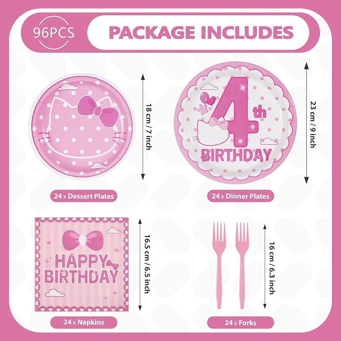 96Pcs Pink Kitten 4th Birthday Party Decorations Pink Cat Dot Plates and Napkins Tableware Set Cartoon Cat Theme 4th Birthday Decorations for Four Years Old Girls Party Supplies Serves 24